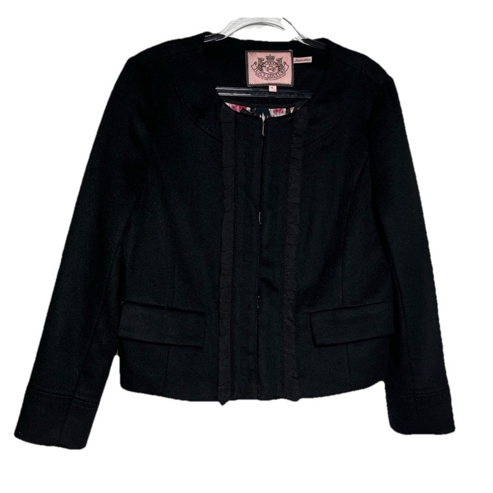 Juicy Couture Black Wool Blazer Jacket‎ Women's Size L Ruffle Trim